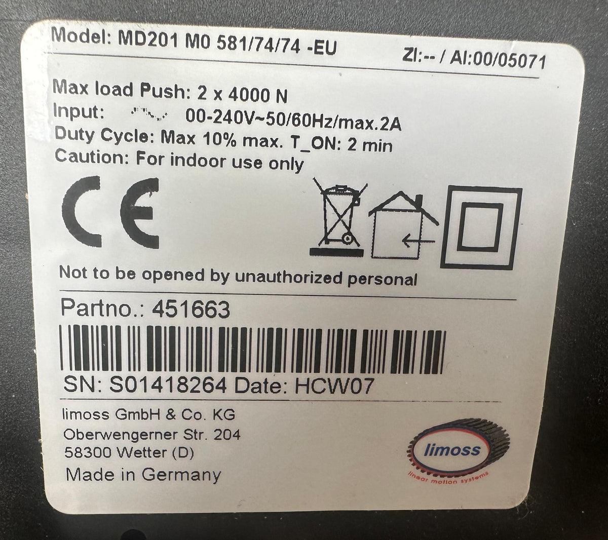 Limoss MD201 MO 581/74/74 -EU | ZI:-- / AI:00/05071 | 451663
