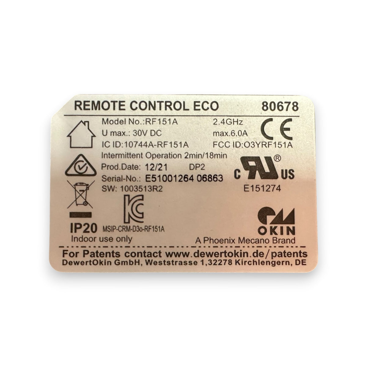 OKIN Remote Control ECO RF ontvanger – RF151A – 80678 – 2.4 GHz – 5-polig
