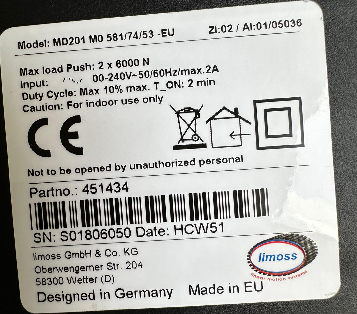 Limoss MD201 MO 581/74/53 -EU | ZI:02 / AI:01/05036 | 451434